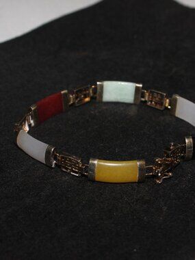 Gold Over 925 Sterling Oriental Jade Onyx More Panel Bracelet Secure lock